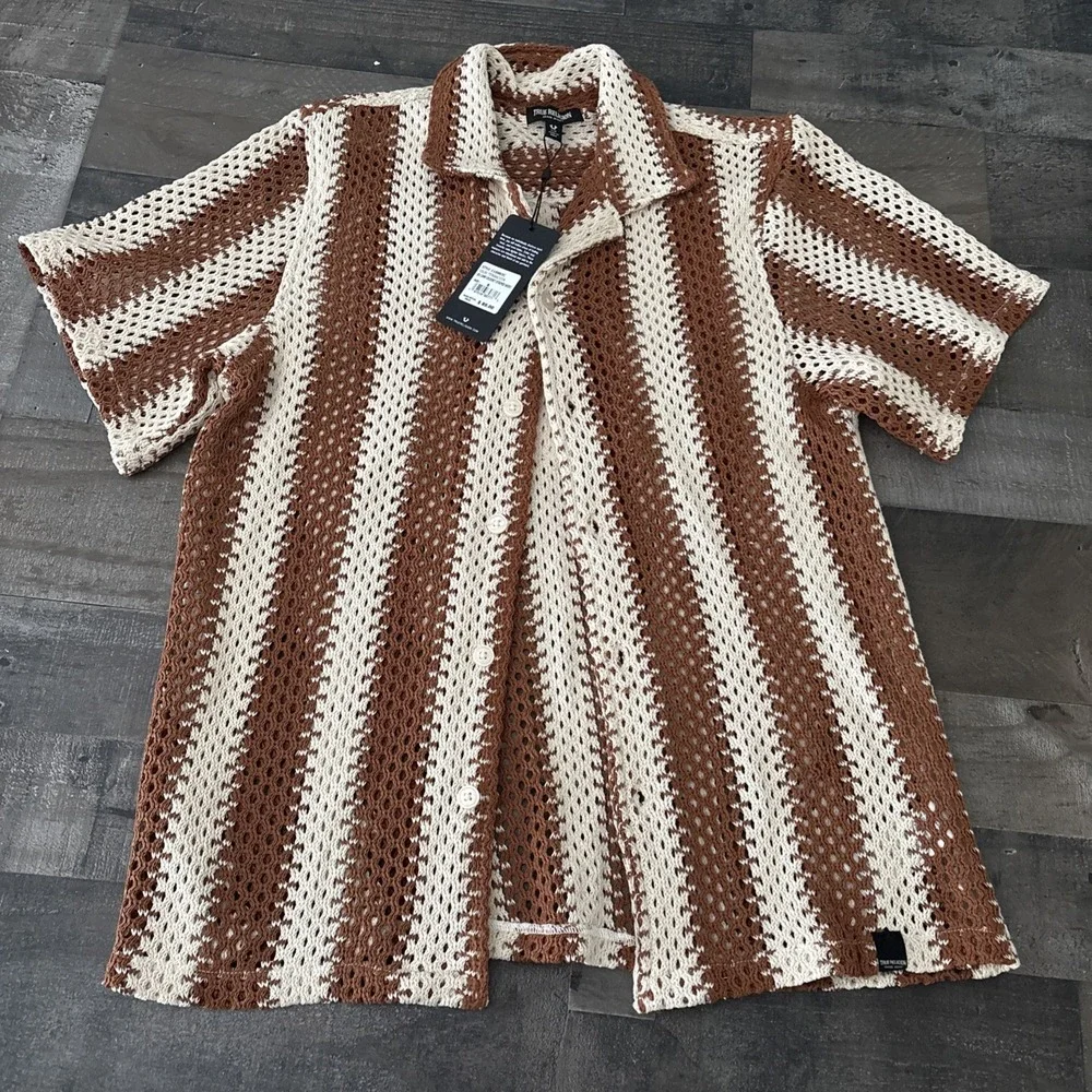 True Religion Mens S Camp Crochet Stripe Shirt button up terracotta New